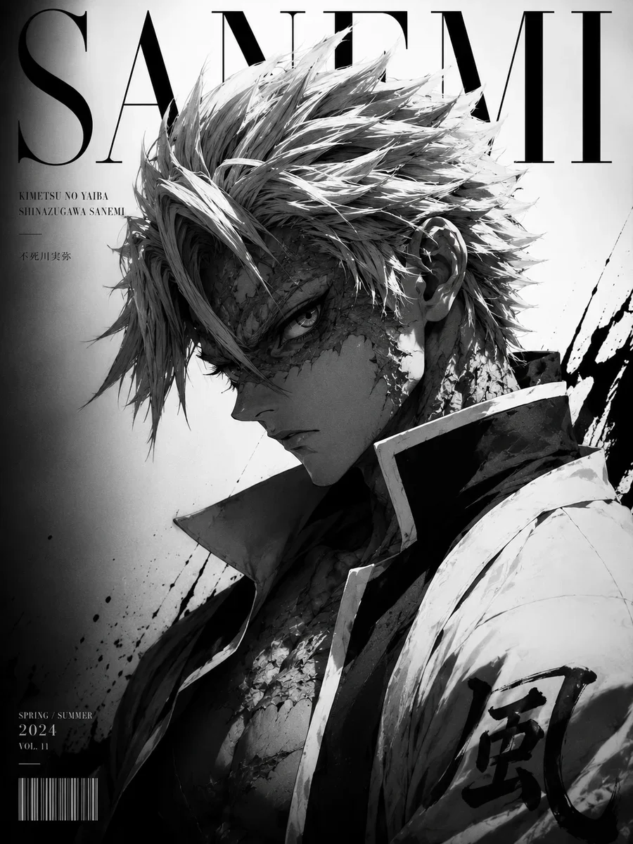 Sanemi Shinazugawa Demon Slayer Poster – Black & White Anime Wall Art | Kimetsu no Yaiba on a wall, Paper Poster, 12×18