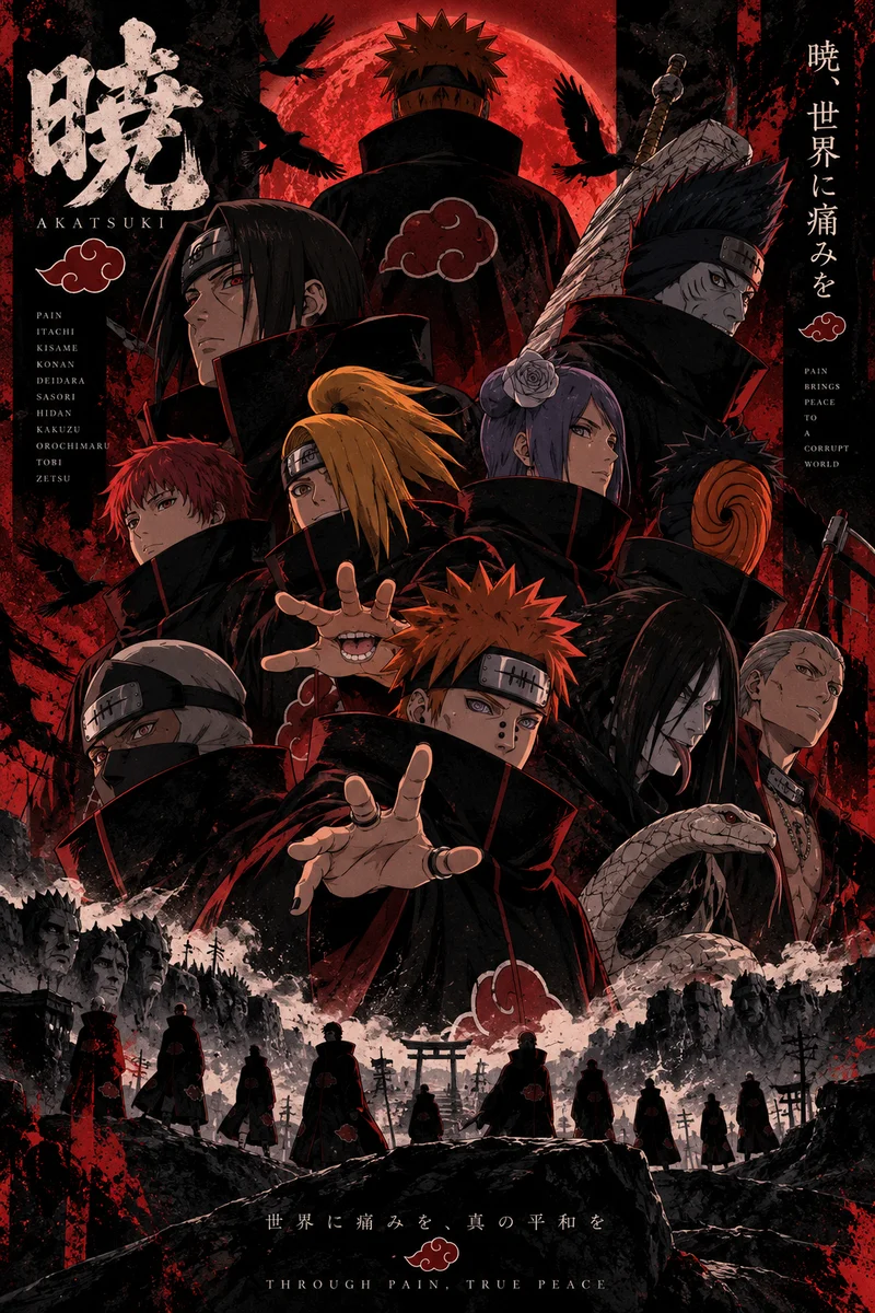 Akatsuki Members — Red Cloud Shinobi Anime poster on a wall, Paper Poster, 12×18