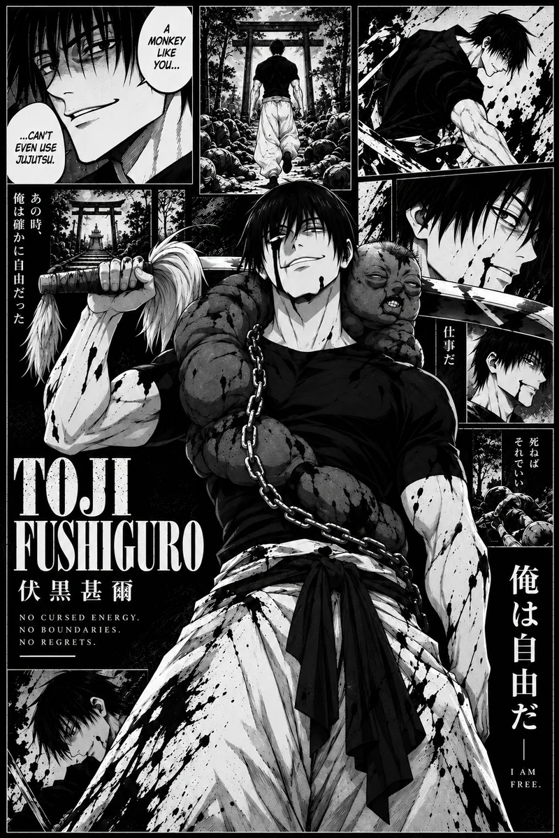 Toji Fushiguro “I Am Free” — Monochrome Manga Collage Poster on a wall, Paper Poster, 12×18