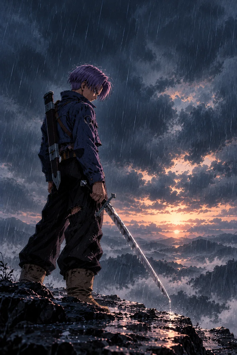 Future Trunks Rainy Night Anime Poster | Shinra on a wall, Paper Poster, 12×18