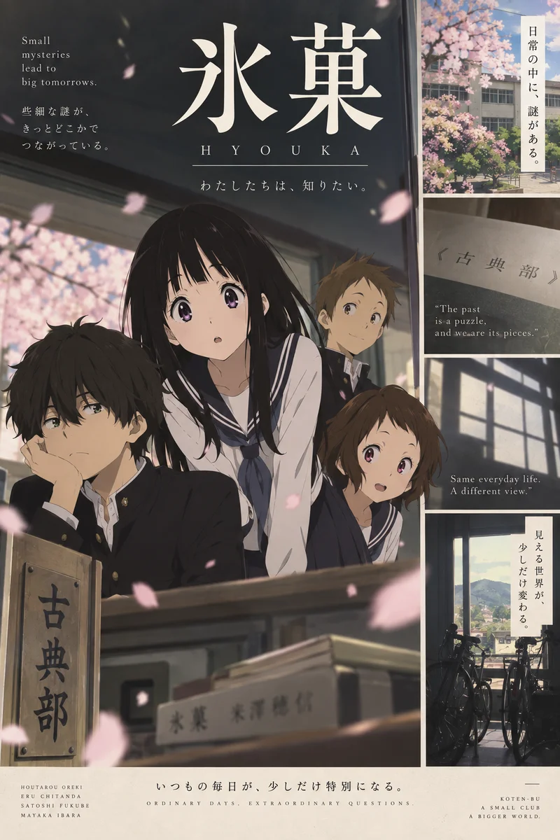 Hyouka Anime Poster – Oreki, Chitanda & Classic Club Sakura Art on a wall, Paper Poster, 12×18
