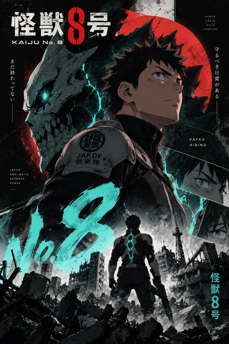 Kaiju No. 8 Kafka Hibino — Anti-Kaiju Force Anime Poster on a wall, Paper Poster, 12×18