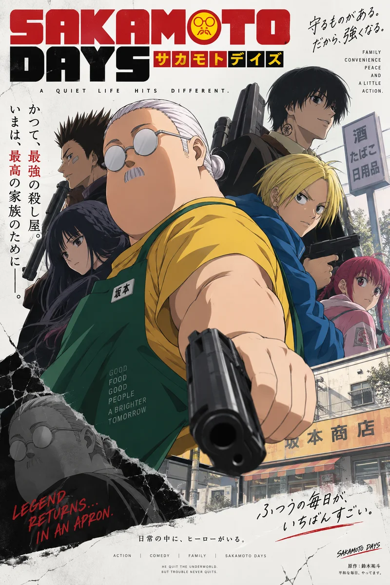 Sakamoto Days Anime Poster – Taro Sakamoto & Assassin Family Action Art on a wall, Paper Poster, 12×18