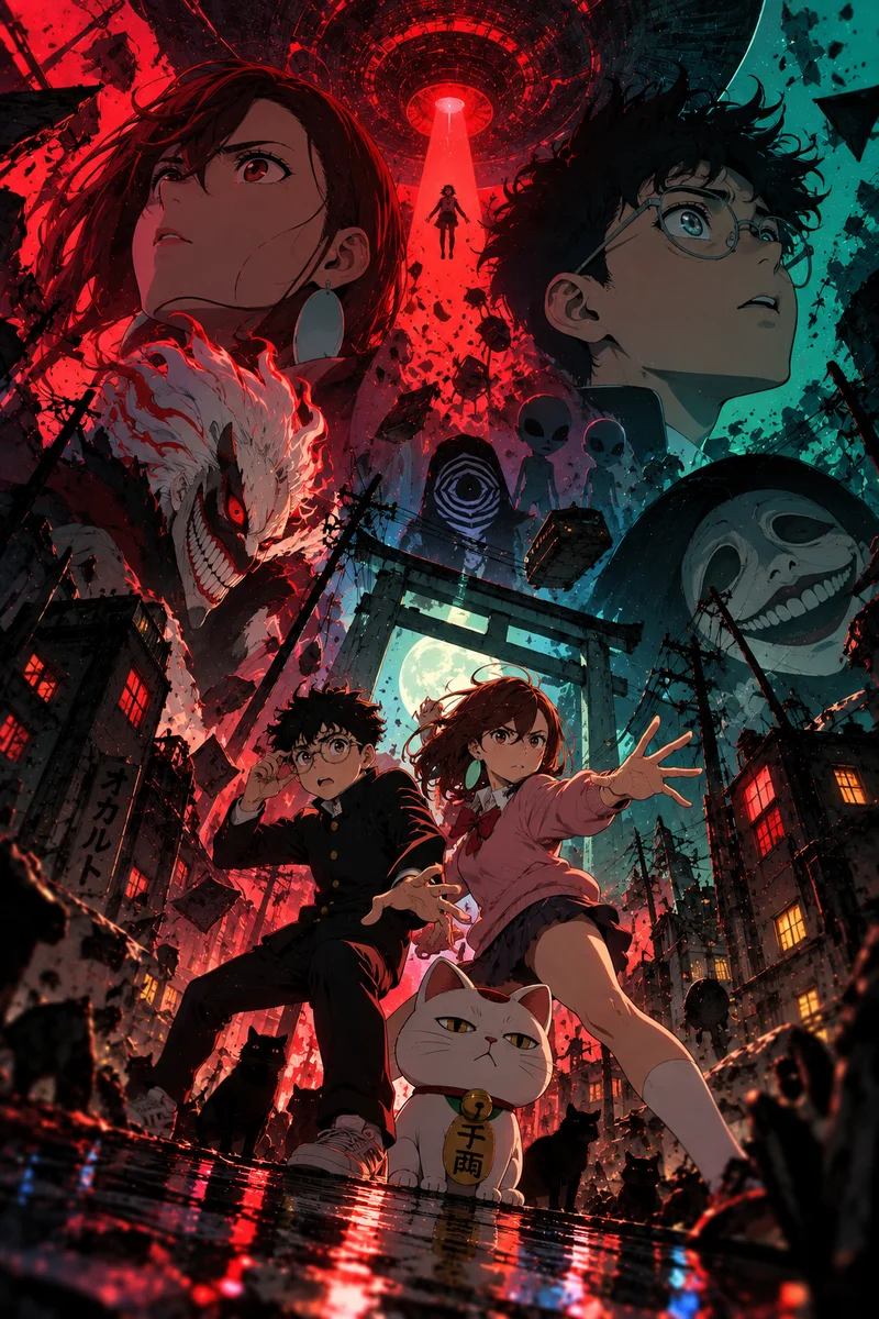 Dandadan Momo & Okarun — Supernatural Chaos Anime Poster on a wall, Paper Poster, 12×18