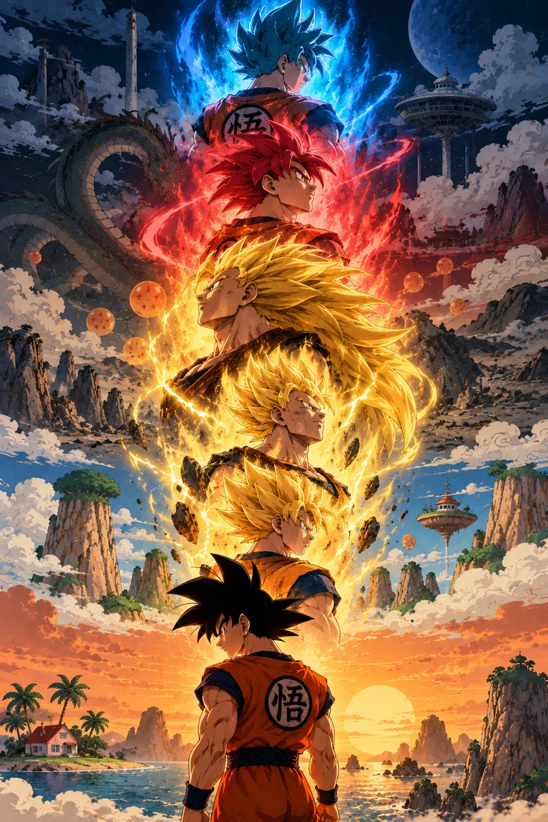 Goku All Forms Ascending Anime Poster | Shinra on a wall, Paper Poster, 12×18