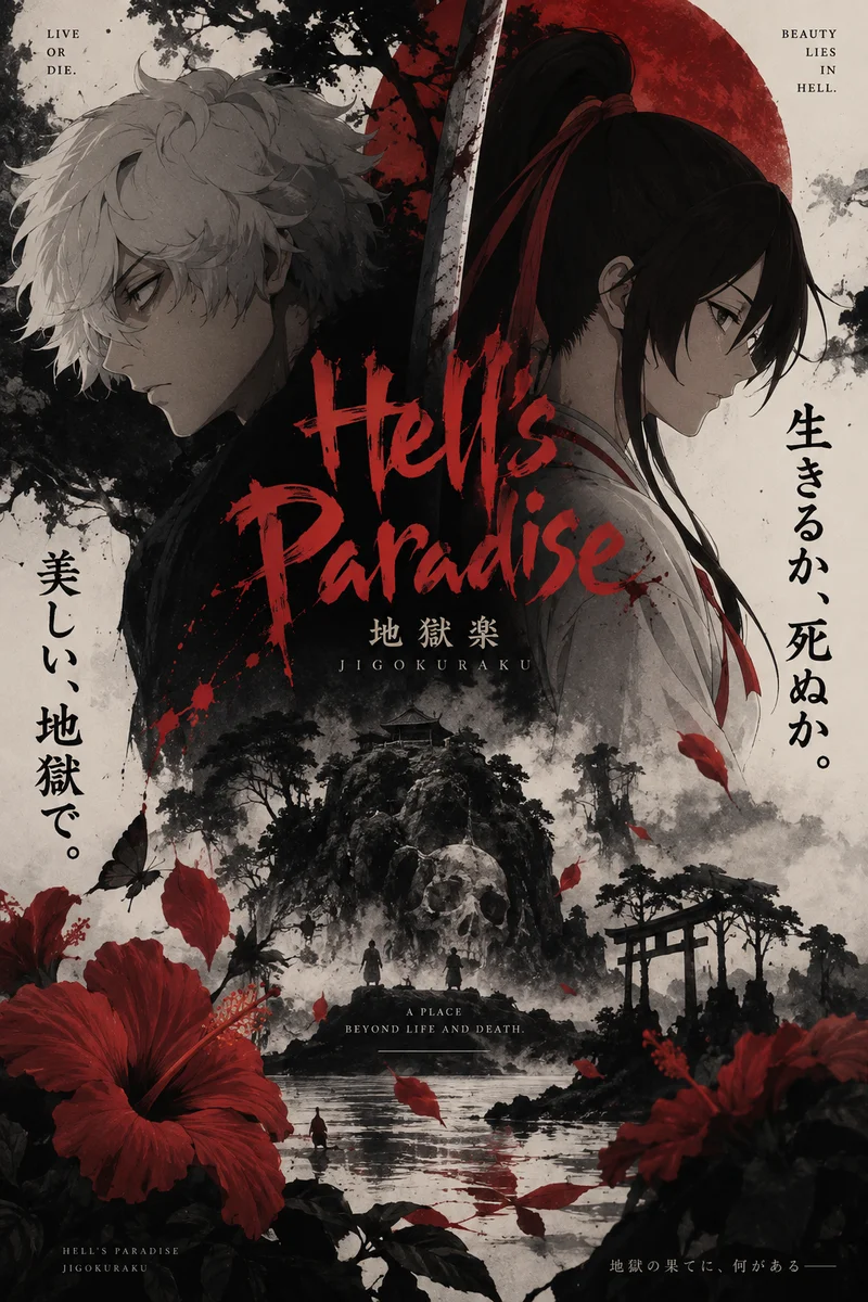 Hell's Paradise: Jigokuraku Poster – Gabimaru & Yuzuriha Dark Anime Art on a wall, Paper Poster, 12×18