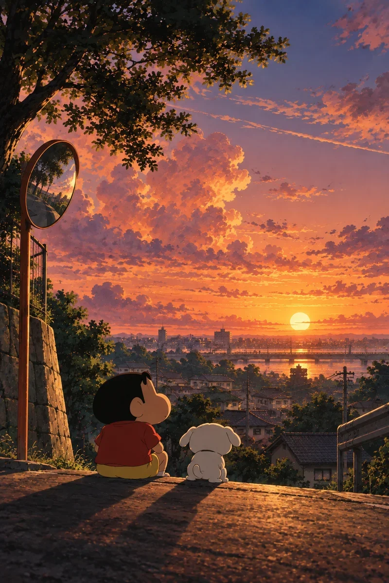 Shinchan & Shiro Sunset View Poster — A Peaceful Golden Hour on a wall, Paper Poster, 12×18