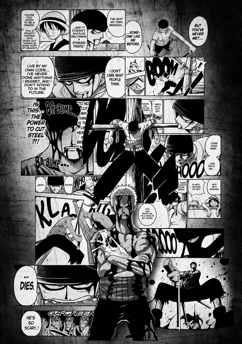 Zoro Monochrome Manga Collage Poster — One Piece Roronoa Zoro
