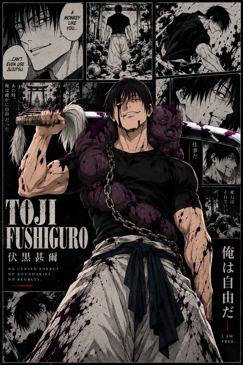 Toji Fushiguro — No Cursed Energy Manga Collage Poster on a wall, Paper Poster, 12×18