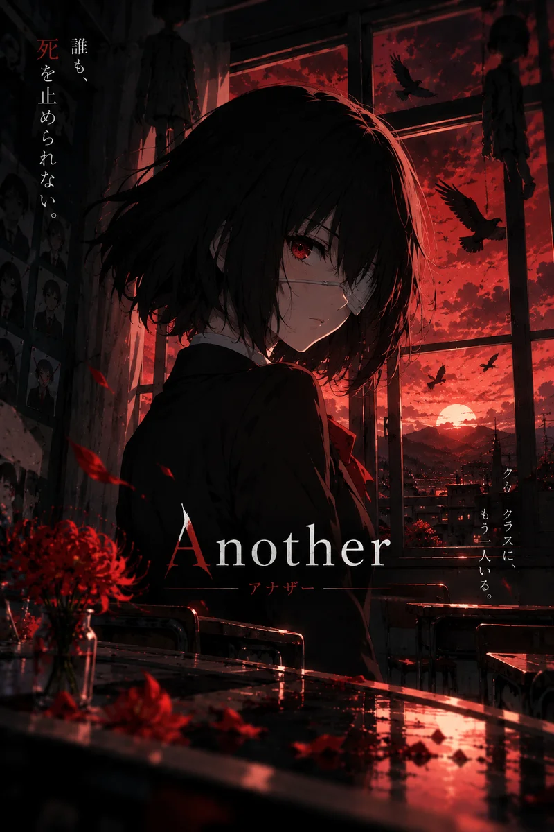 Another — Misaki Mei Red Sunset Dark Anime Poster on a wall, Paper Poster, 12×18