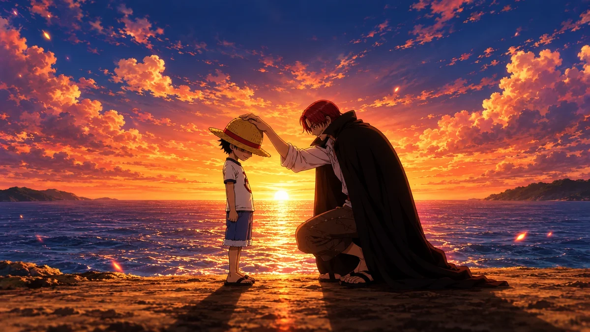One Piece Luffy & Shanks — The Straw Hat Promise Anime Poster on a wall, Paper Poster, 18×12