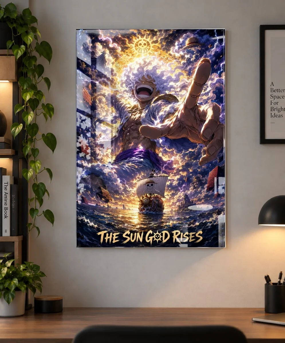 Luffy (Gear 5) — Sun God Nika | One Piece Poster as an acrylic print, shown on a wall