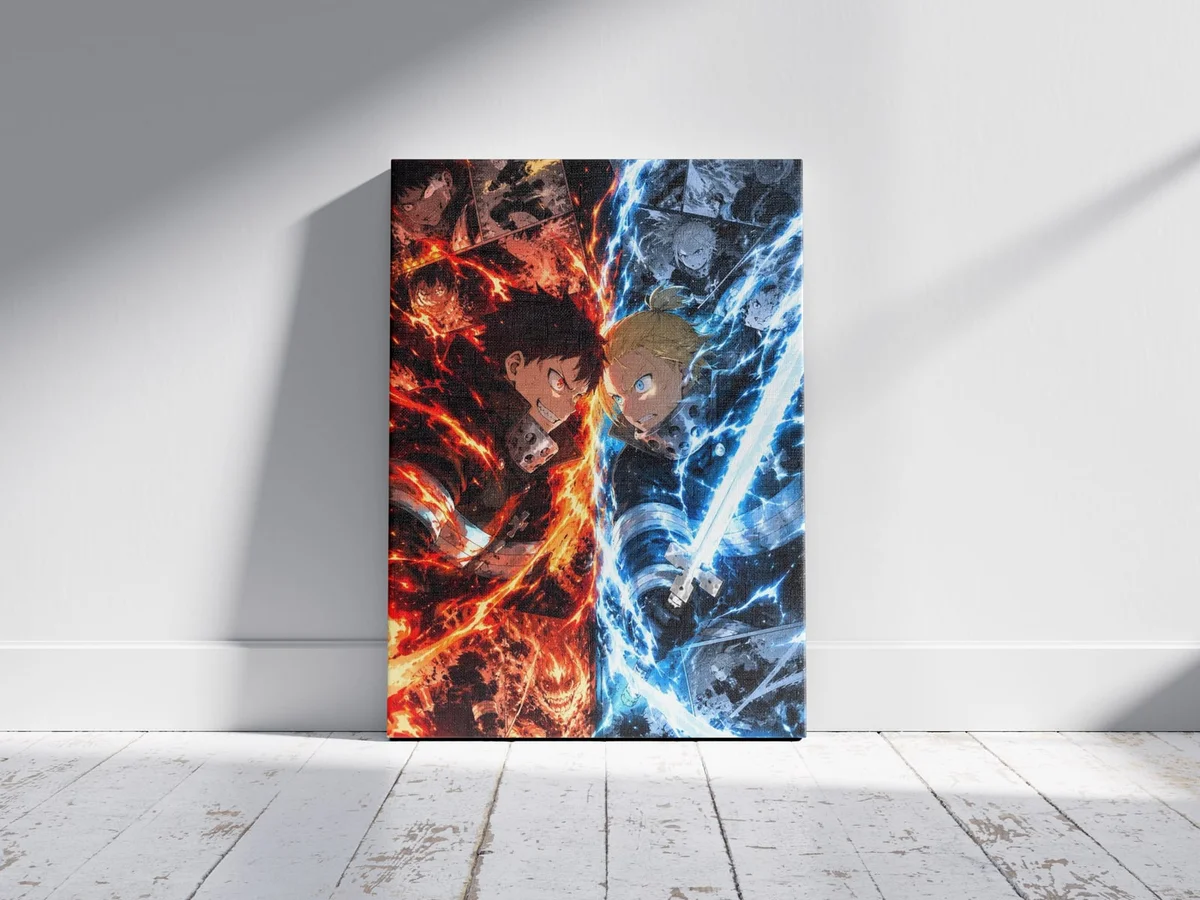 Shinra vs Arthur Fire Force Poster – Anime Rivalry Manga Art as a canvas print, shown on a wall