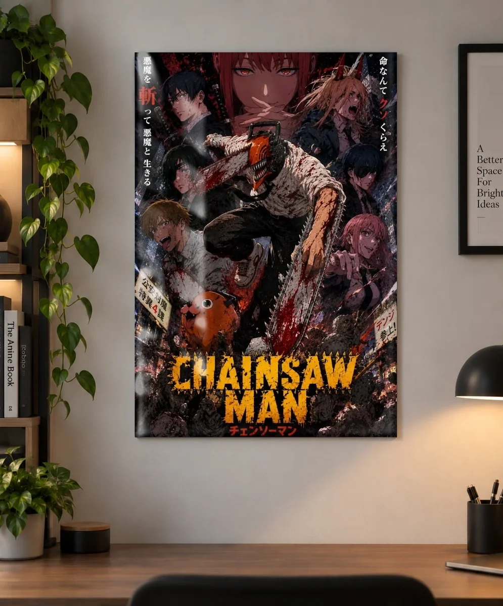 Chainsaw Man — Chaos in the City | Anime Poster as a metal print, shown on a wall