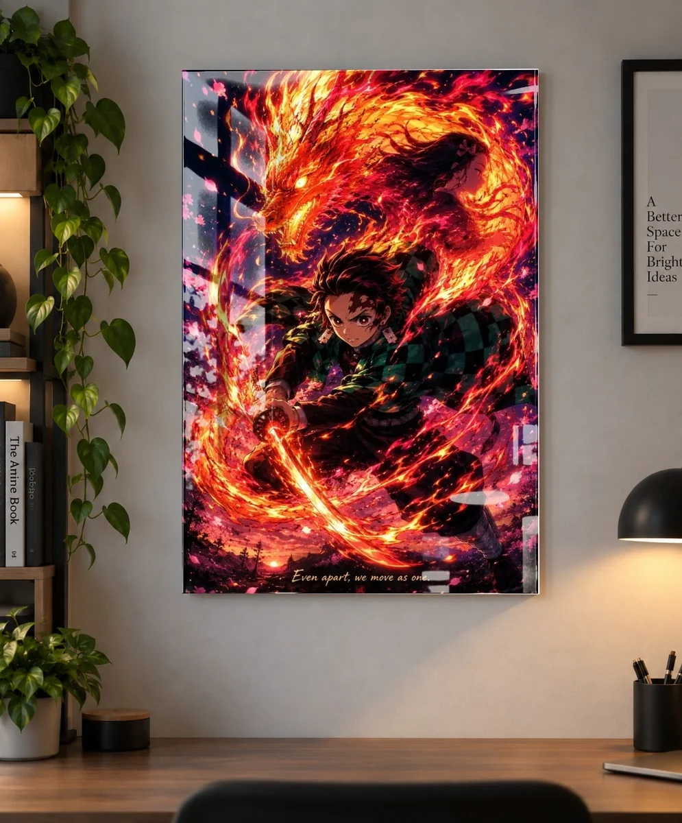 Tanjiro Kamado Demon Slayer Poster – Hinokami Kagura Anime Wall Art | Kimetsu no Yaiba as an acrylic print, shown on a wall