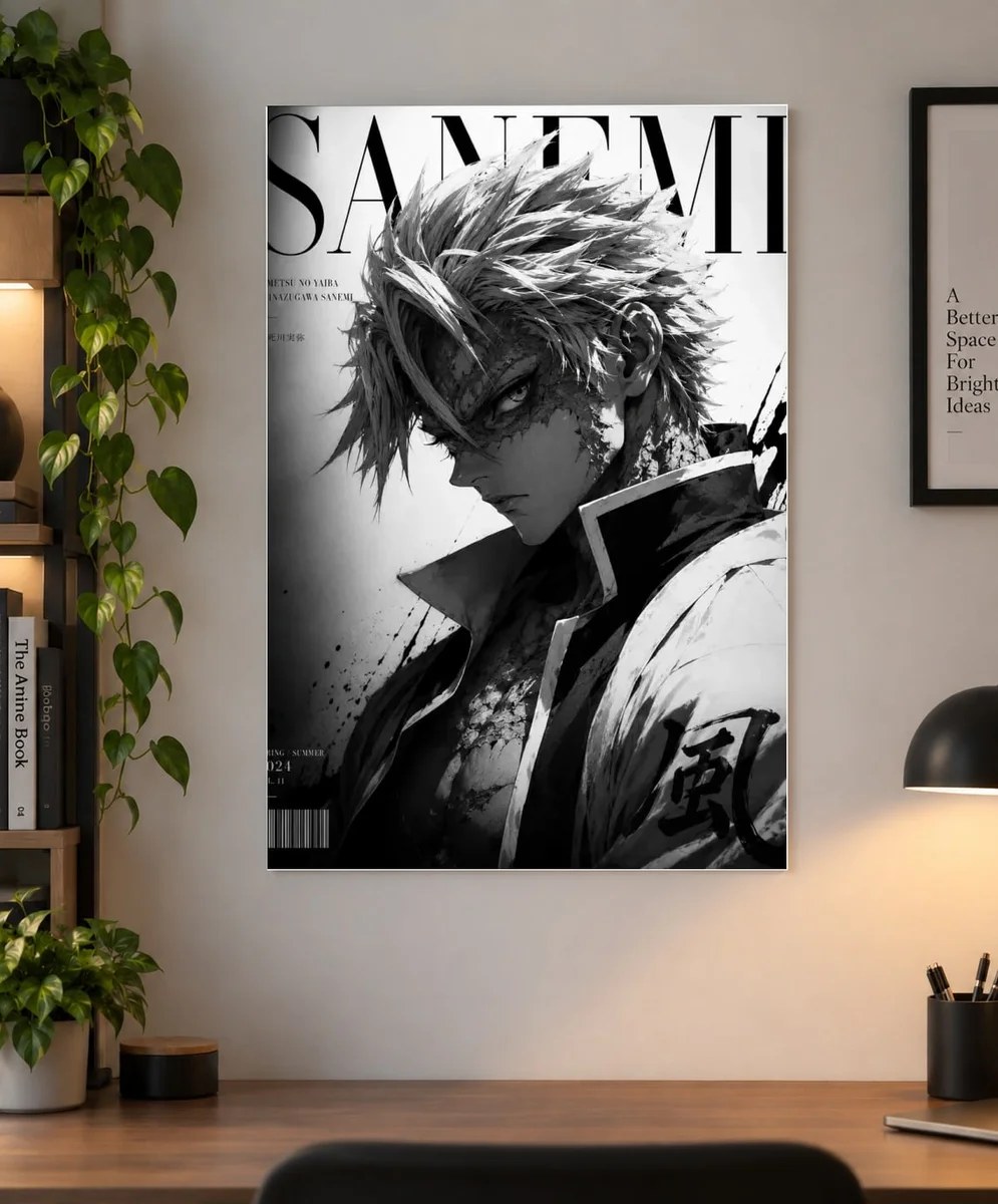 Sanemi Shinazugawa Demon Slayer Poster – Black & White Anime Wall Art | Kimetsu no Yaiba
