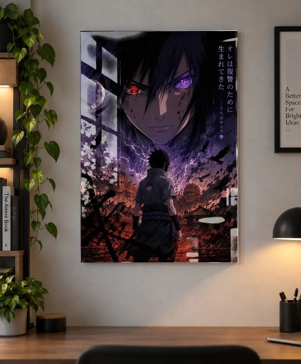 Sasuke Uchiha Poster – Naruto Anime Wall Art | Rinnegan & Sharingan as an acrylic print, shown on a wall