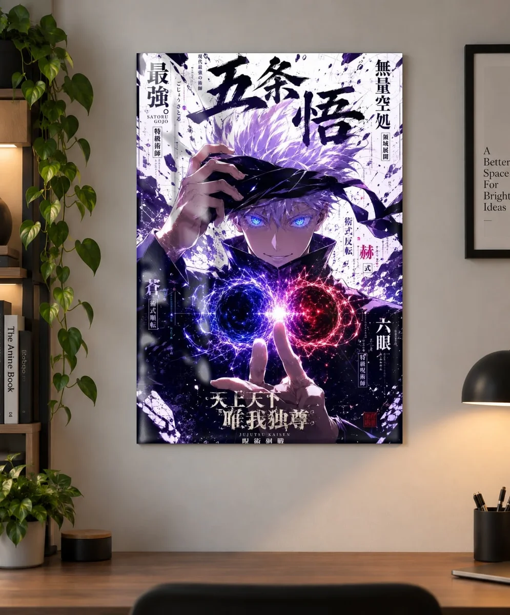 Satoru Gojo — Limitless | Jujutsu Kaisen Poster as a metal print, shown on a wall