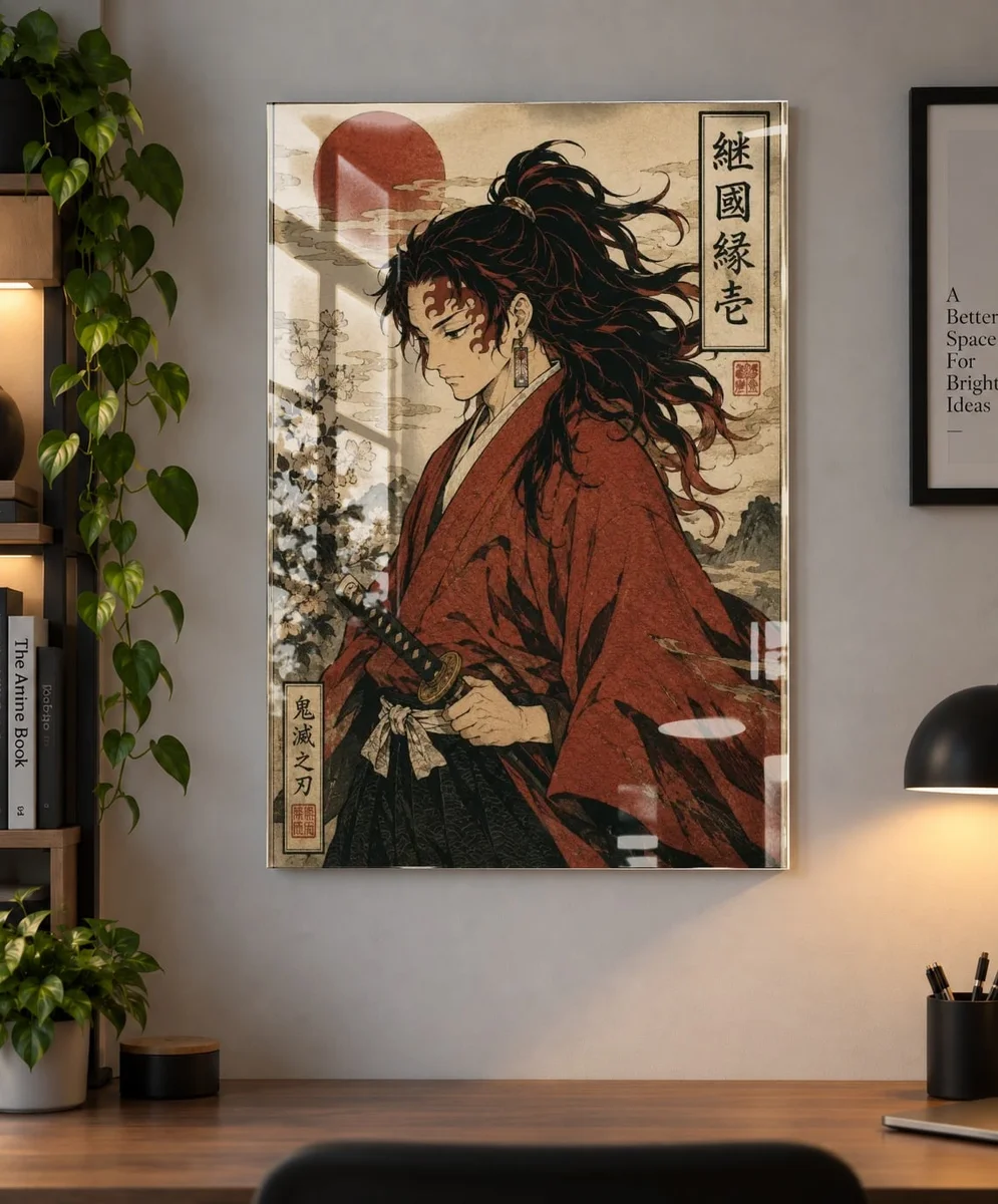 Yoriichi Tsugikuni Demon Slayer Poster as an acrylic print, shown on a wall