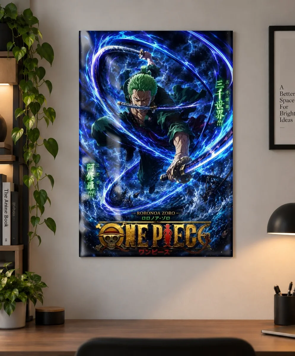 Roronoa Zoro — Stormy Showdown | One Piece Poster as a metal print, shown on a wall