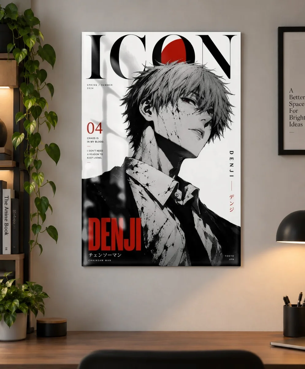 Denji Chainsaw Man Poster – Anime Wall Art as a metal print, shown on a wall