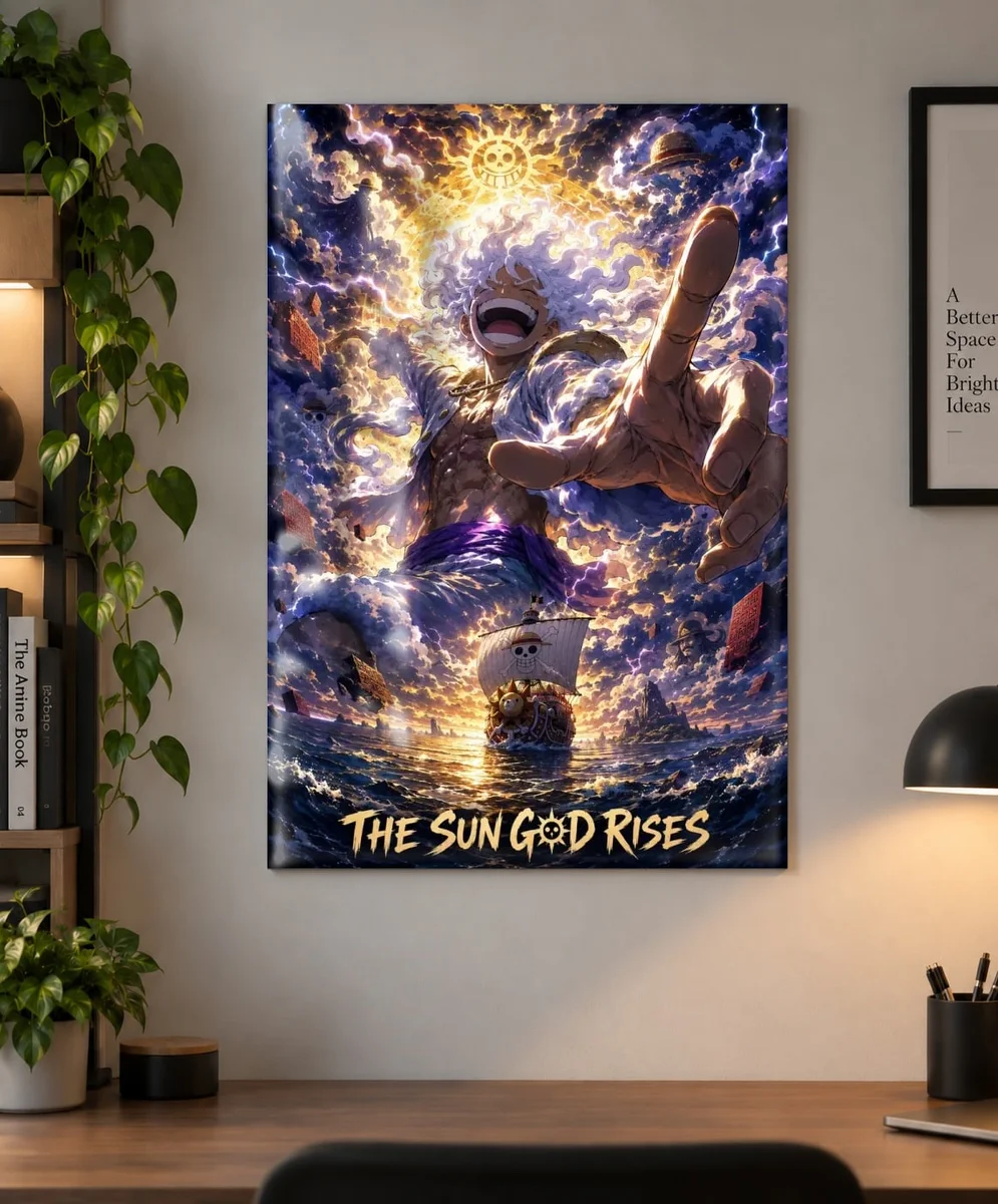 Luffy (Gear 5) — Sun God Nika | One Piece Poster as a metal print, shown on a wall