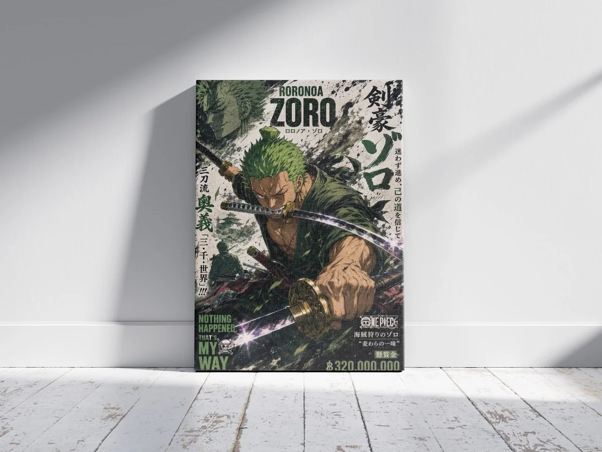 Roronoa Zoro — Three-Sword Style | One Piece Poster as a canvas print, shown on a wall
