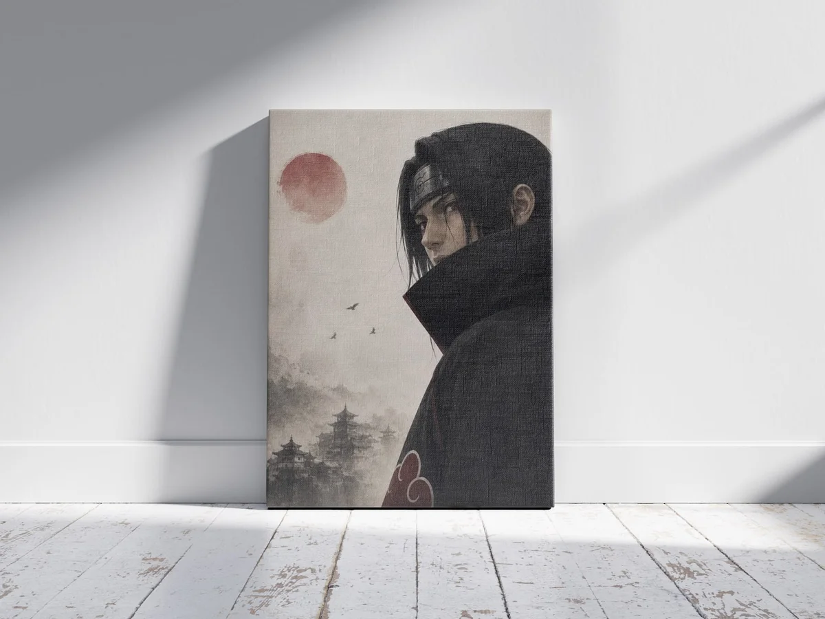 Itachi Uchiha Naruto Poster – Japanese Ink Style Anime Wall Art | Akatsuki Decor as a canvas print, shown on a wall