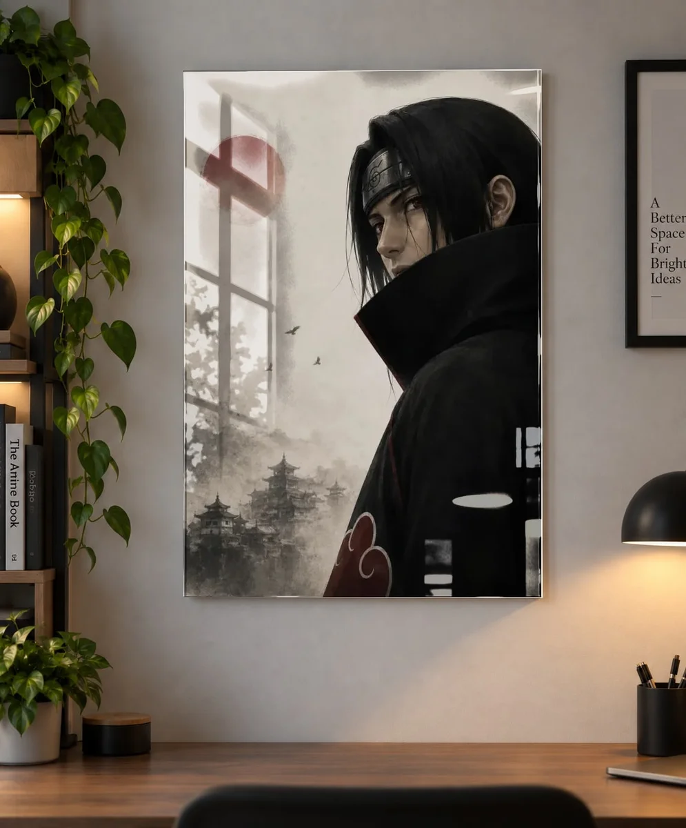 Itachi Uchiha Naruto Poster – Japanese Ink Style Anime Wall Art | Akatsuki Decor as an acrylic print, shown on a wall