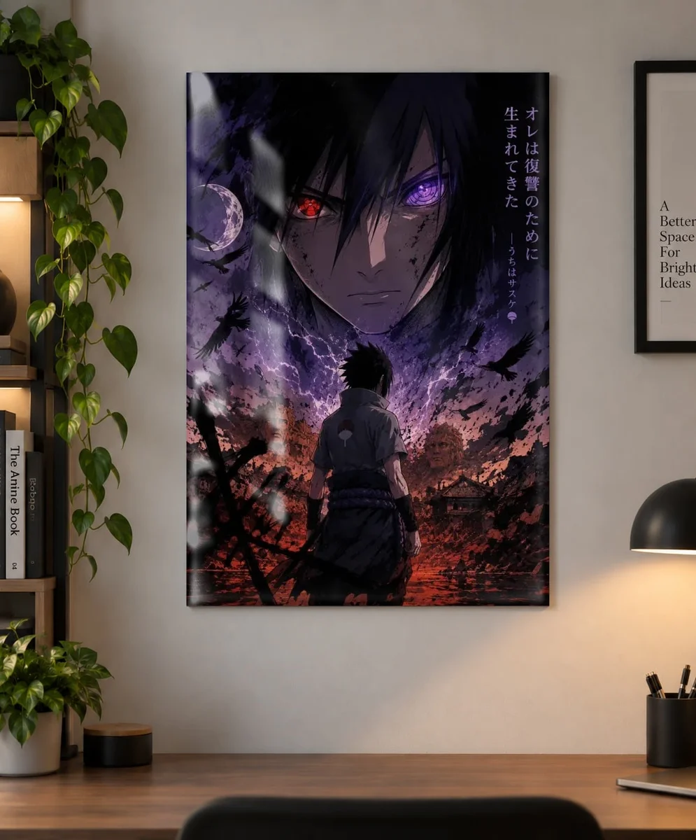Sasuke Uchiha Poster – Naruto Anime Wall Art | Rinnegan & Sharingan as a metal print, shown on a wall