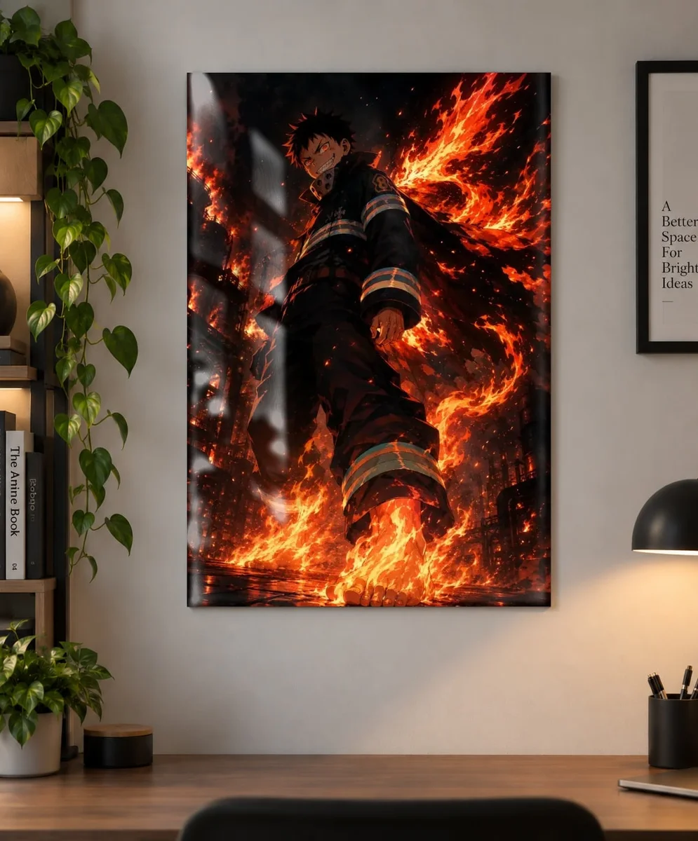 Shinra Kusakabe Fire Force Anime Poster – Devil’s Footprints as a metal print, shown on a wall