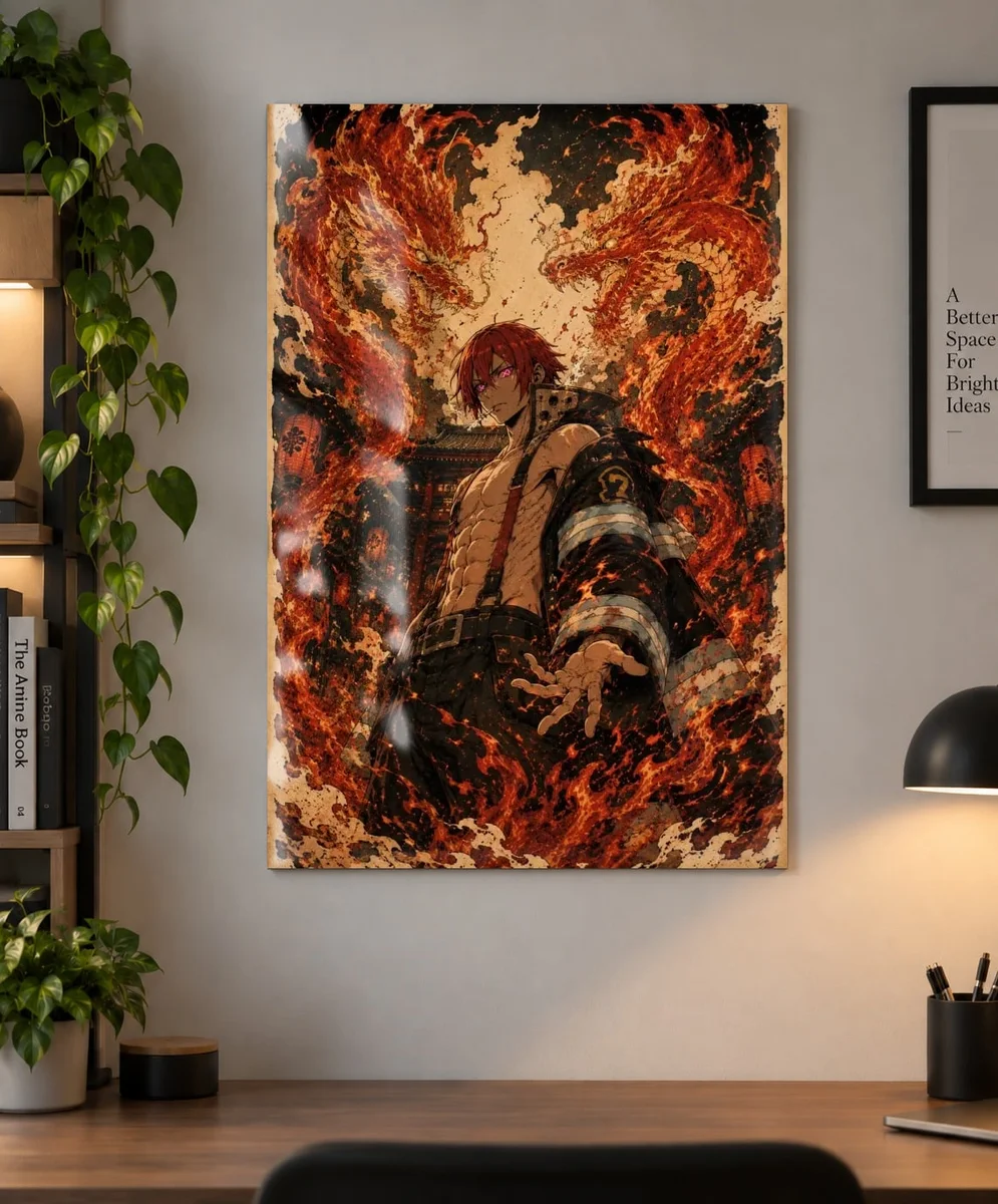 Benimaru Shinmon Fire Force Poster – Ukiyo-e Japanese Anime Art as a metal print, shown on a wall