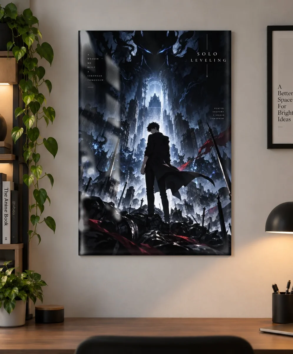 Sung Jinwoo Solo Leveling — Shadow Monarch Anime Poster as a metal print, shown on a wall